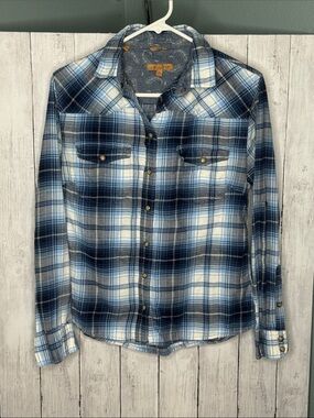 JACHS Girlfriend Blue and White Plaid Long-Sleeve Button-Down Shirt